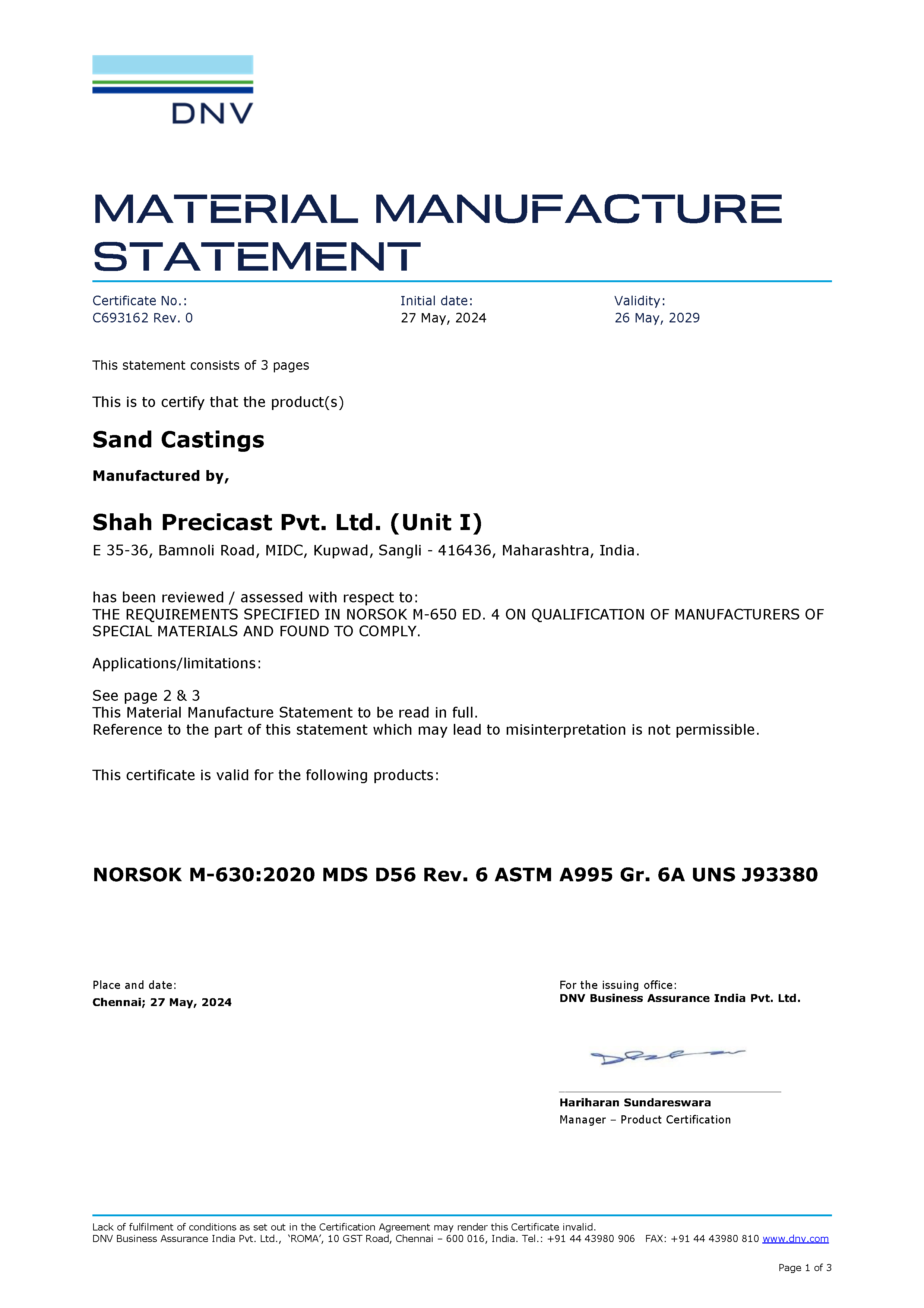 Norsok 6A Certificate