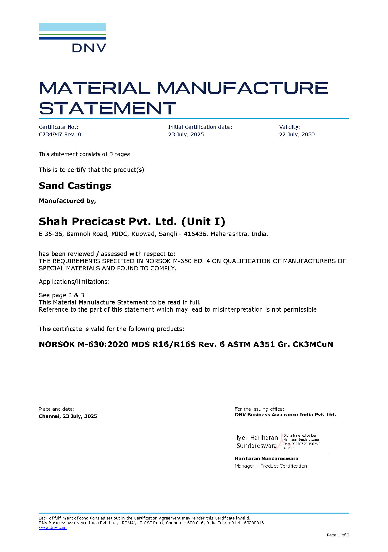 Norsok CK3MCuN Certificate