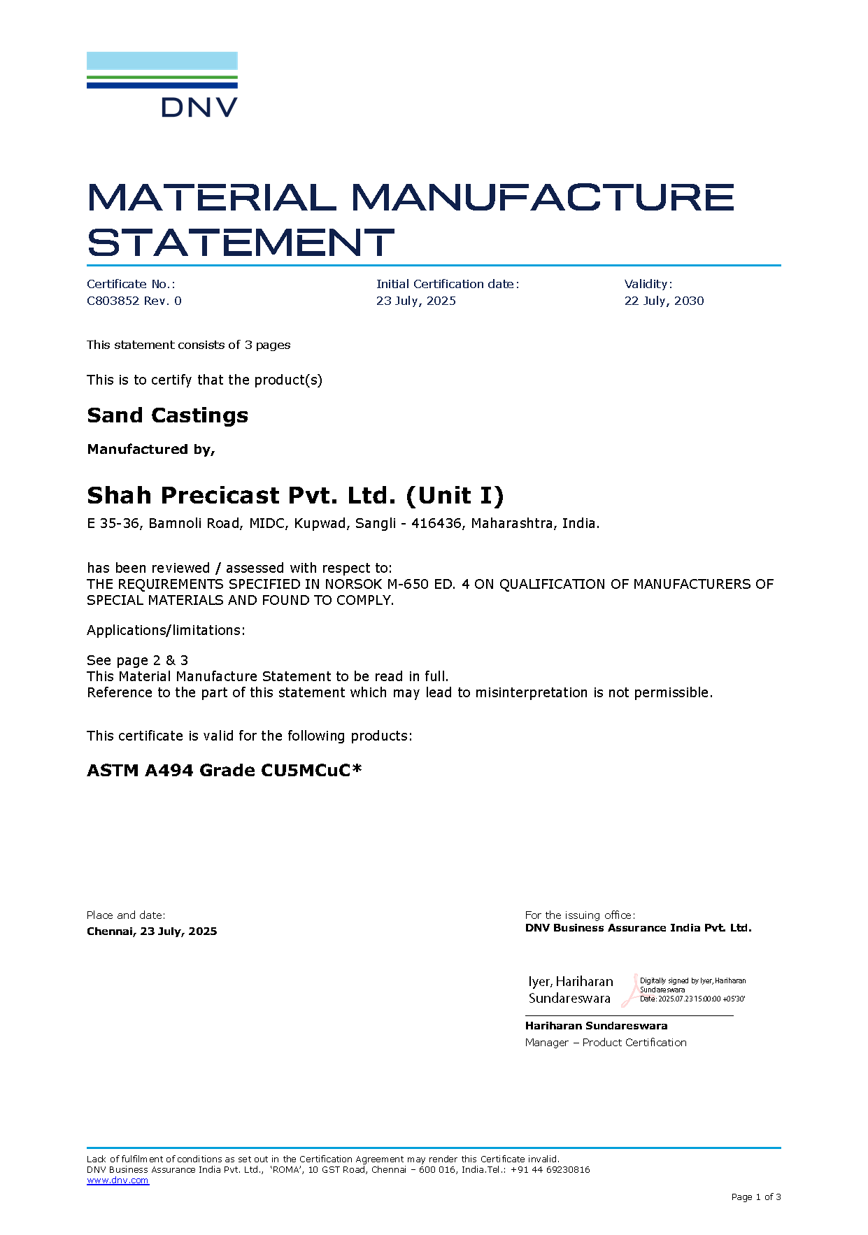 Norsok CU5MCuC Certificate