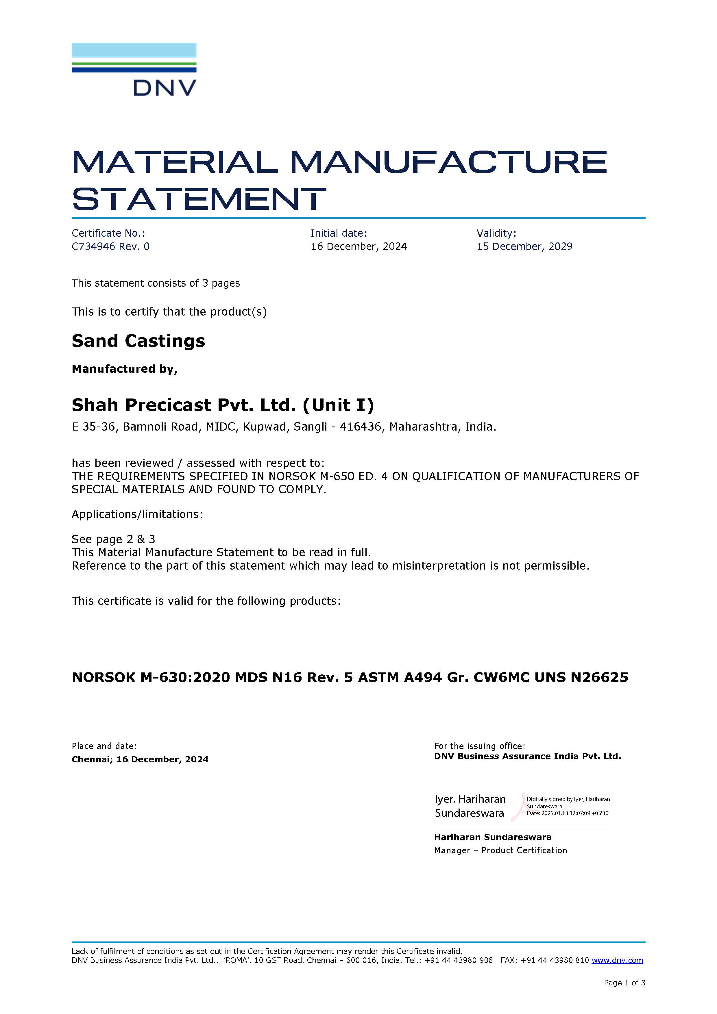 Norsok CW6MC Certificate